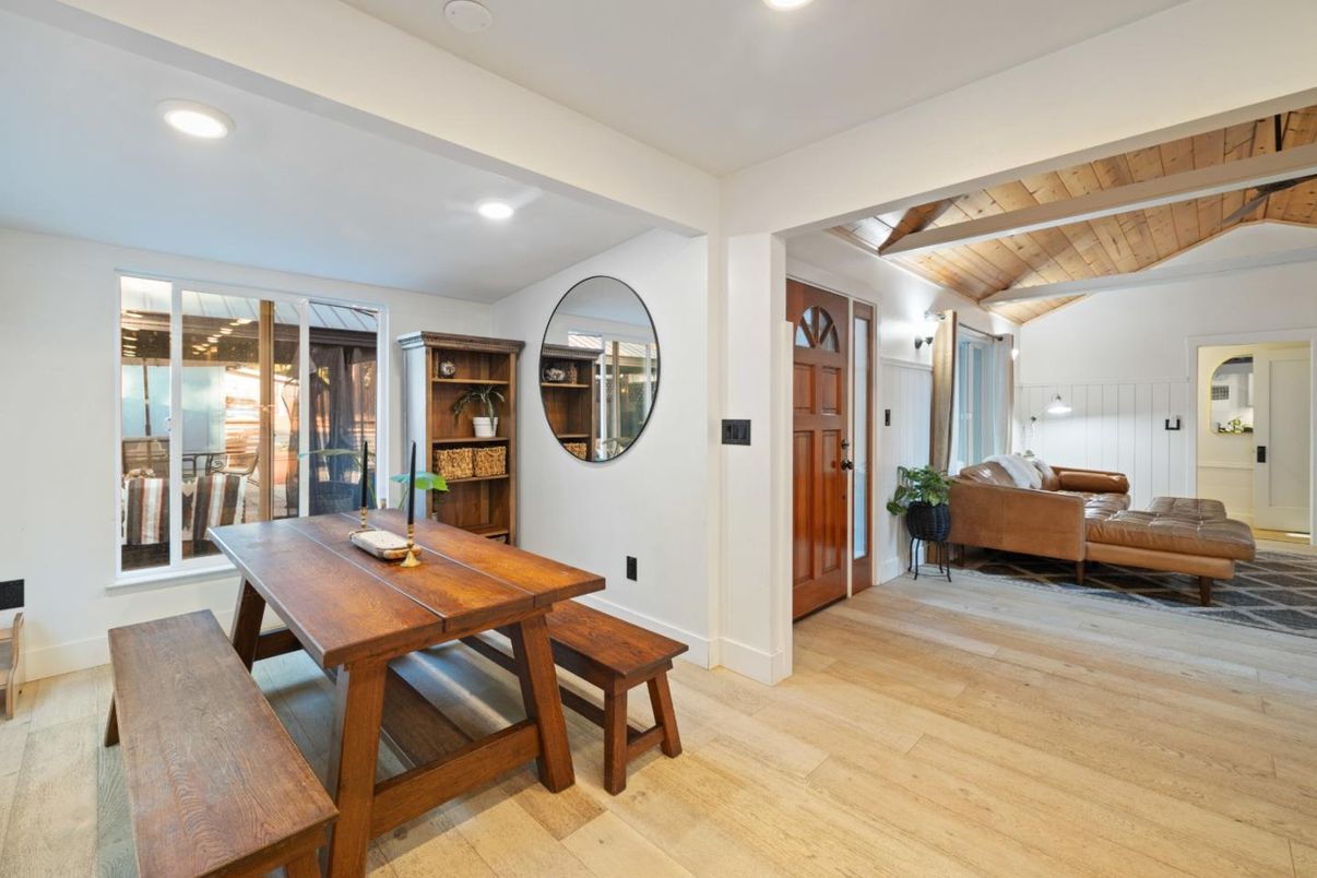 Dining room, Interior, Living room, Recessed Lighting, Wooden Beams, Wooden Ceilings, Wood Texture Flooring
