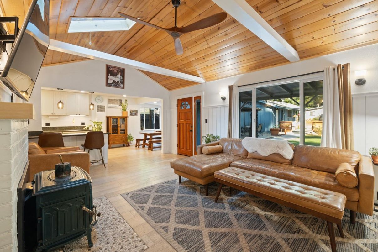 Fireplace, Interior, Kitchen, Living room, Wooden Ceilings, Wood Texture Flooring