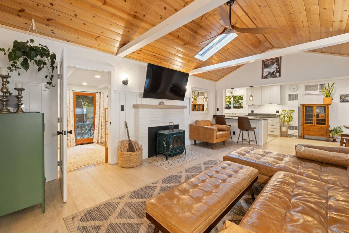 Fireplace, Interior, Kitchen, Living room, Recessed Lighting, Wooden Ceilings, Wood Texture Flooring