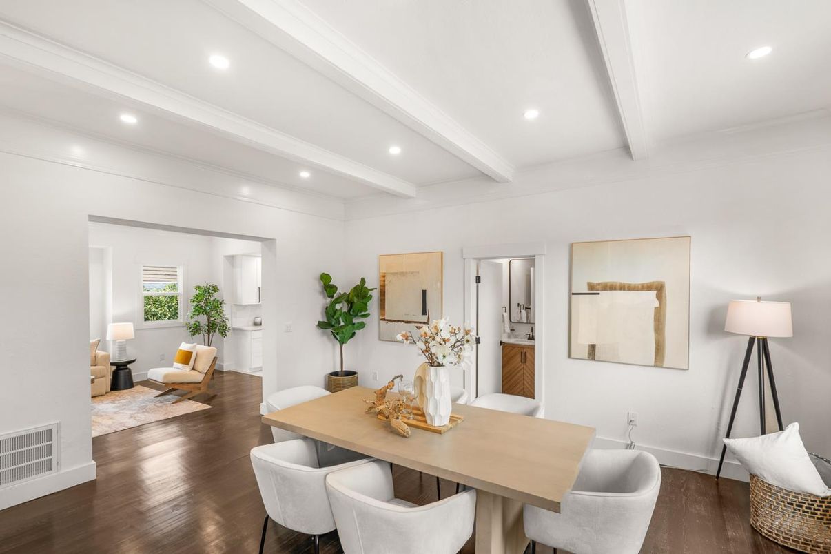 Dining room, Interior, Recessed Lighting, Wood Texture Flooring
