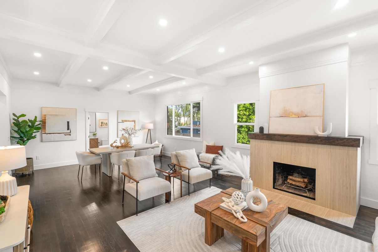 Dining room, Fireplace, Interior, Living room, Recessed Lighting, Wood Texture Flooring