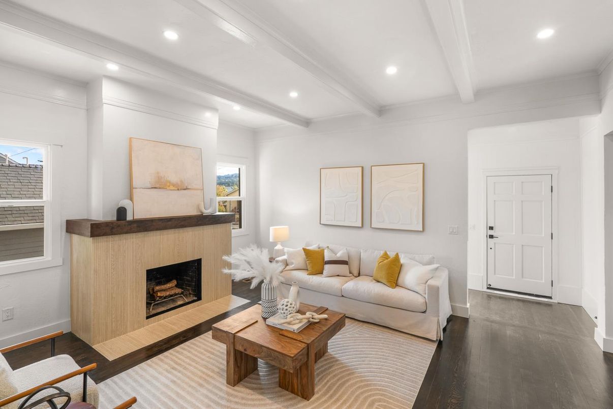Fireplace, Interior, Living room, Recessed Lighting, Wood Texture Flooring