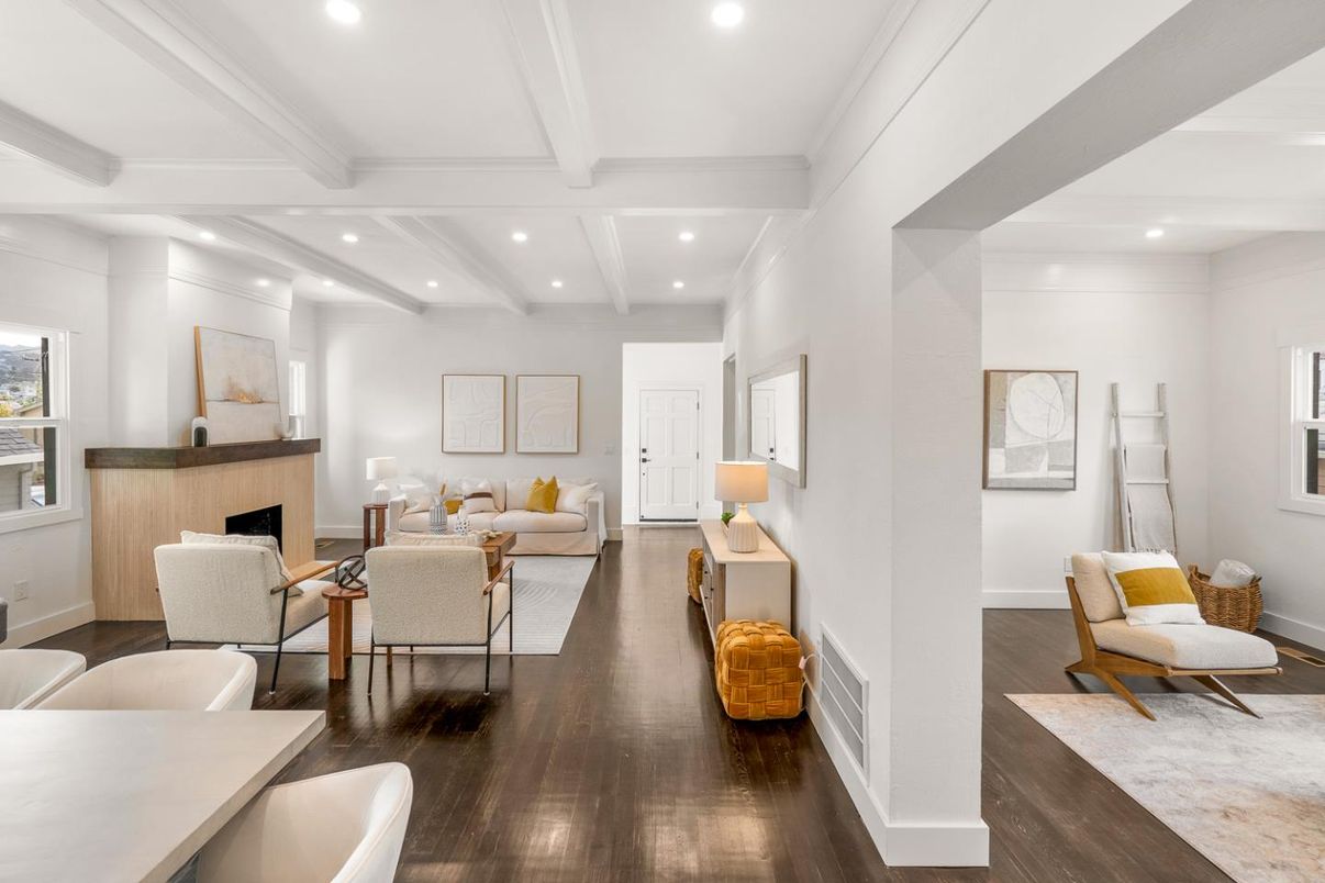 Fireplace, Interior, Living room, Recessed Lighting, Wood Texture Flooring