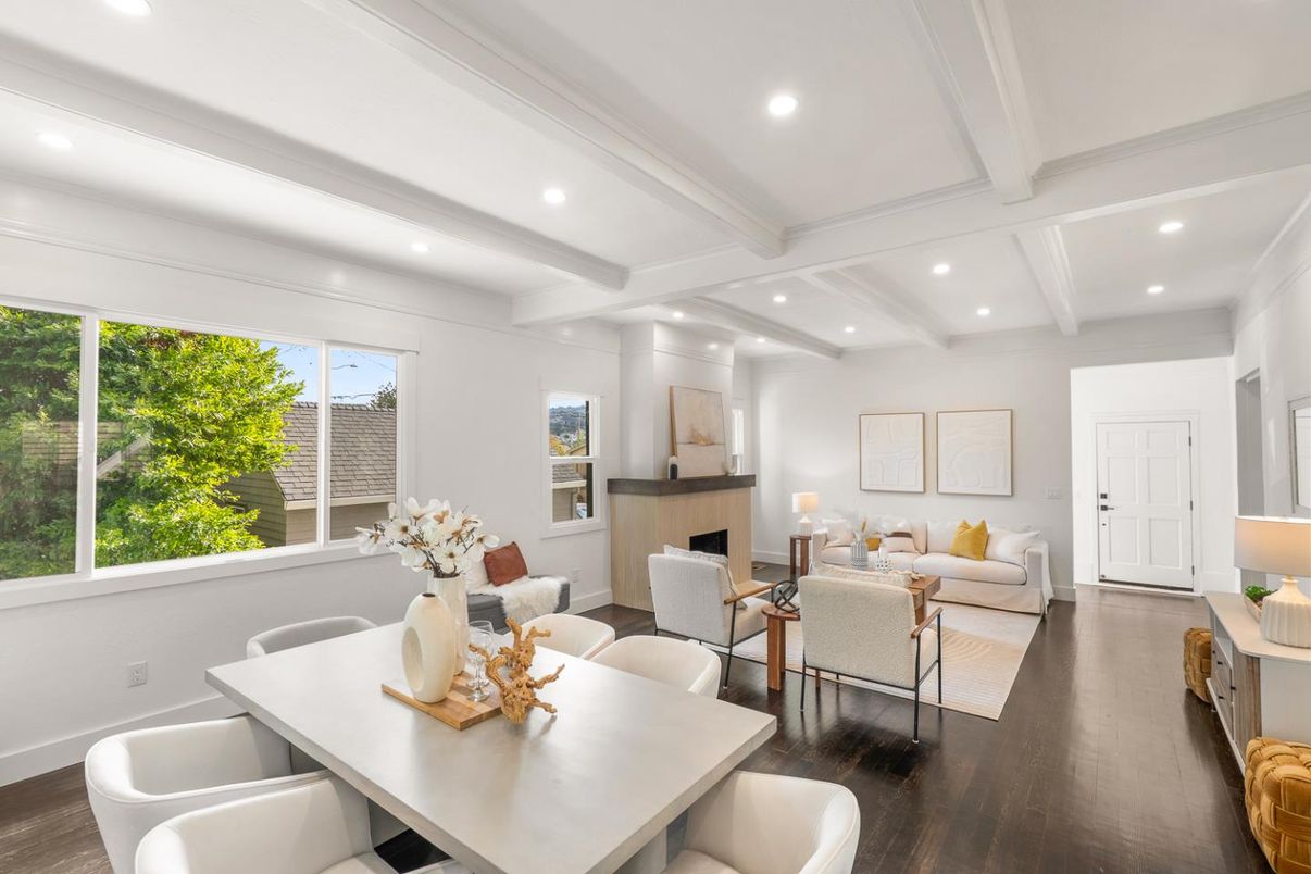 Dining room, Fireplace, Interior, Living room, Recessed Lighting, Wood Texture Flooring