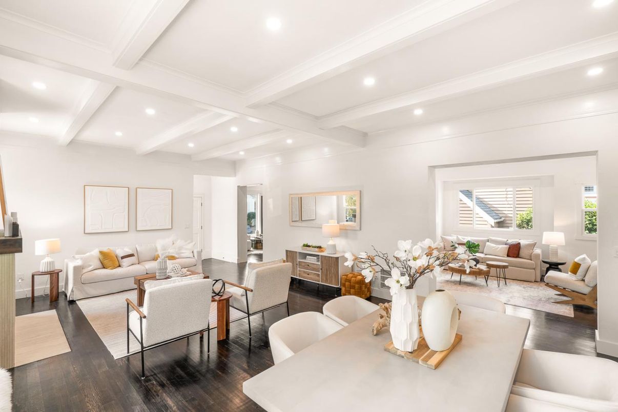 Dining room, Interior, Living room, Recessed Lighting, Wood Texture Flooring