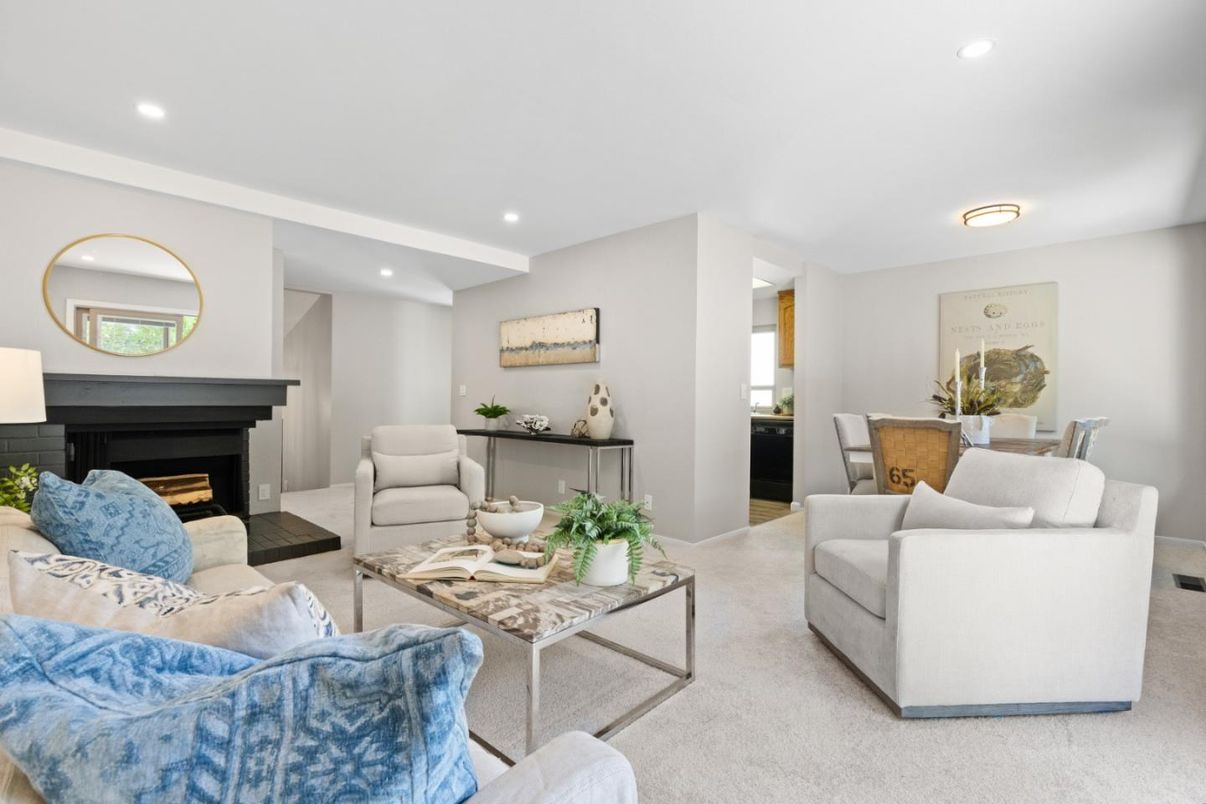 Dining room, Fireplace, Interior, Living room, Recessed Lighting