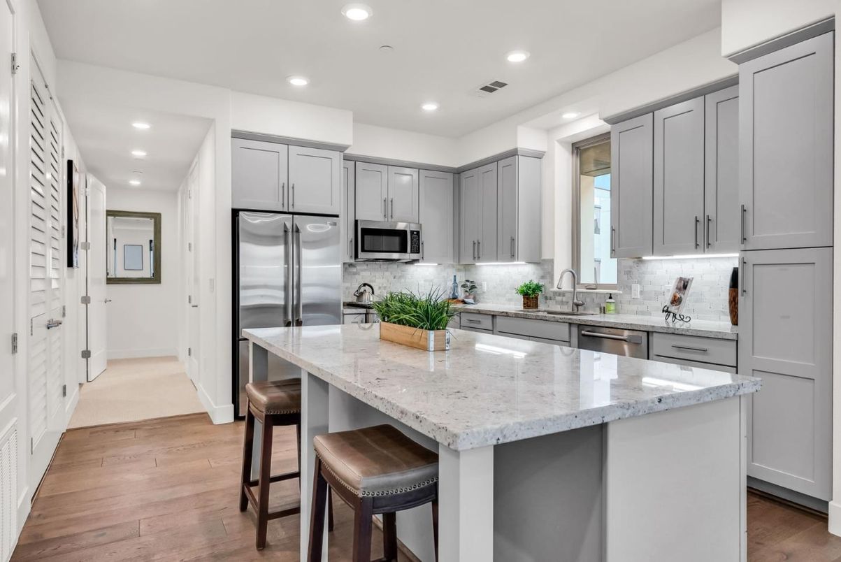 Interior, Kitchen, Recessed Lighting, Stainless Steel Appliances, Wood Texture Flooring