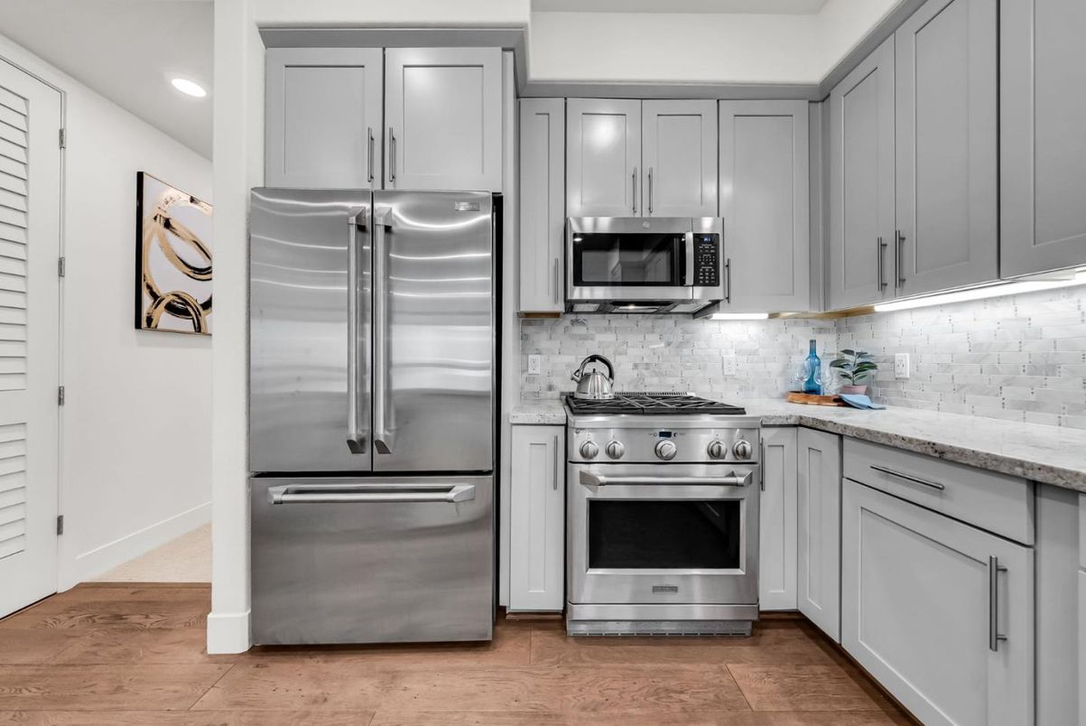 Interior, Kitchen, Recessed Lighting, Stainless Steel Appliances, Wood Texture Flooring