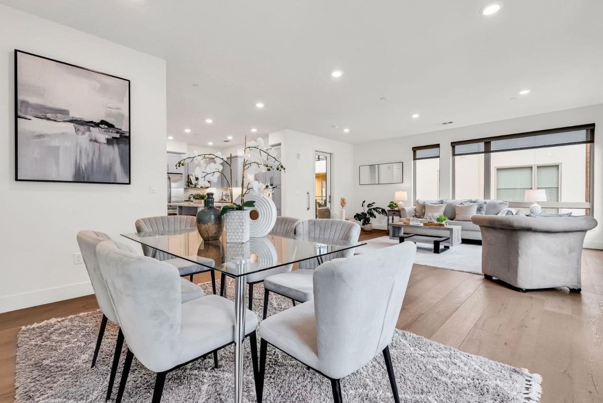 Dining room, Interior, Living room, Recessed Lighting, Wood Texture Flooring