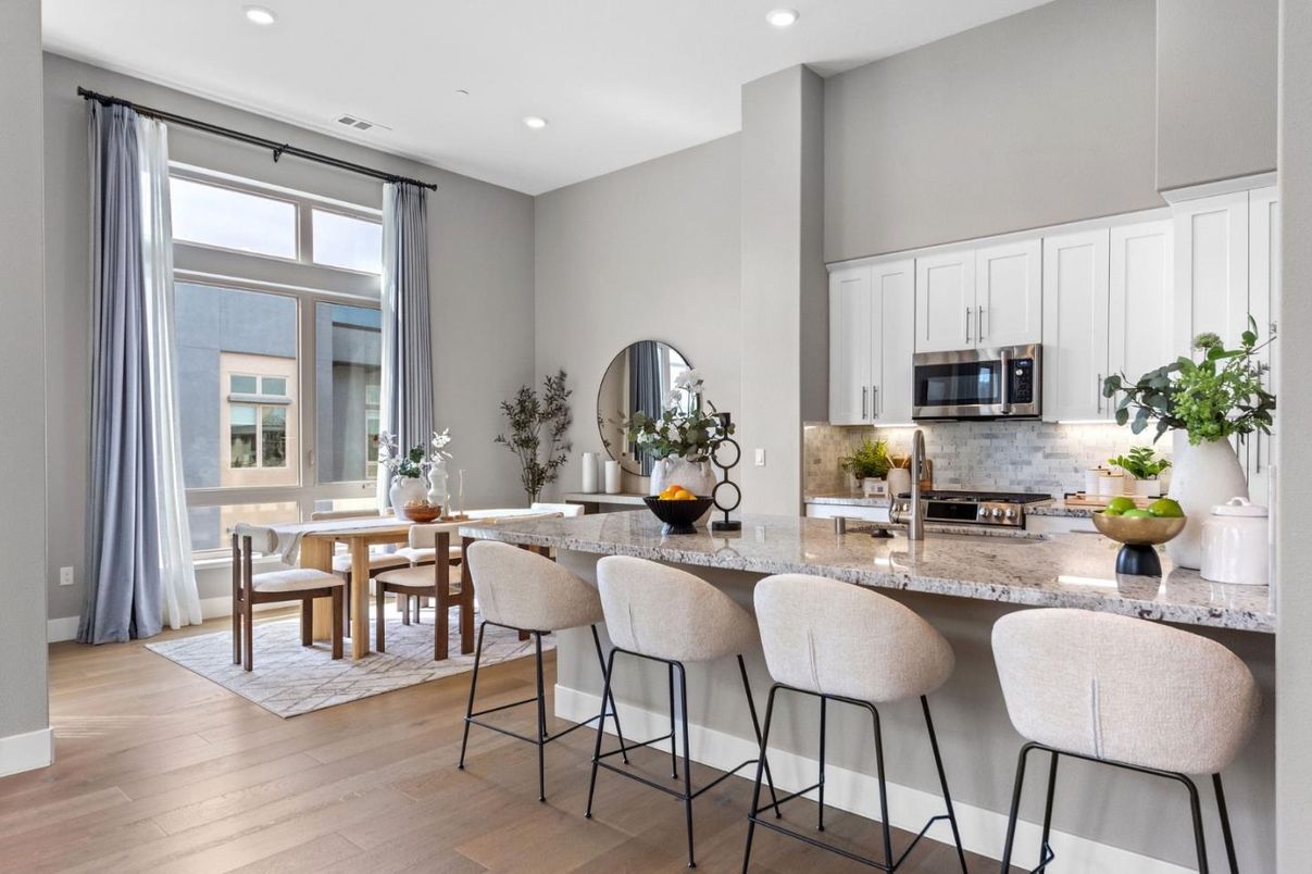 Dining room, Interior, Kitchen, Recessed Lighting, Stainless Steel Appliances, Wood Texture Flooring