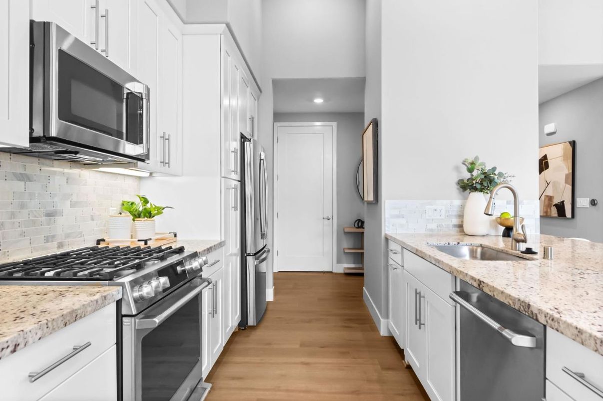 Interior, Kitchen, Recessed Lighting, Stainless Steel Appliances, Wood Texture Flooring