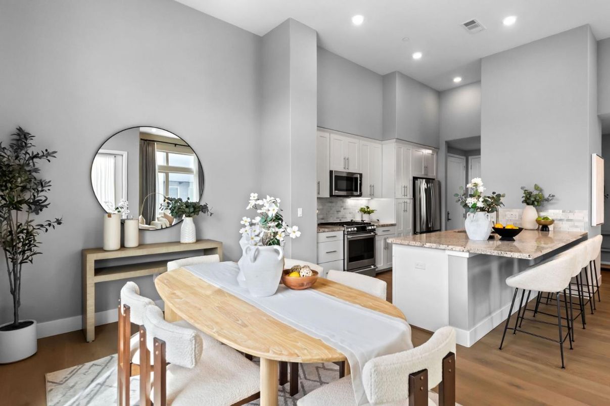 Dining room, Interior, Kitchen, Recessed Lighting, Stainless Steel Appliances, Wood Texture Flooring