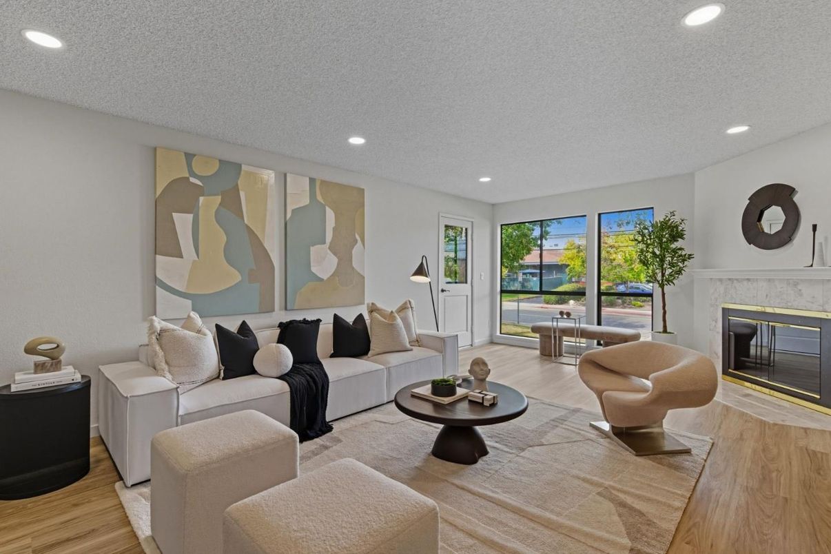 Fireplace, Interior, Living room, Recessed Lighting, Wood Texture Flooring