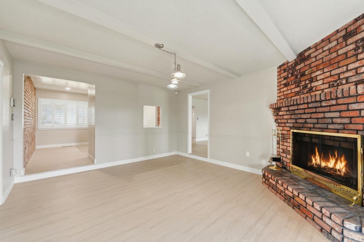Empty room, Fireplace, Interior, Pendant Lights, Wood Texture Flooring