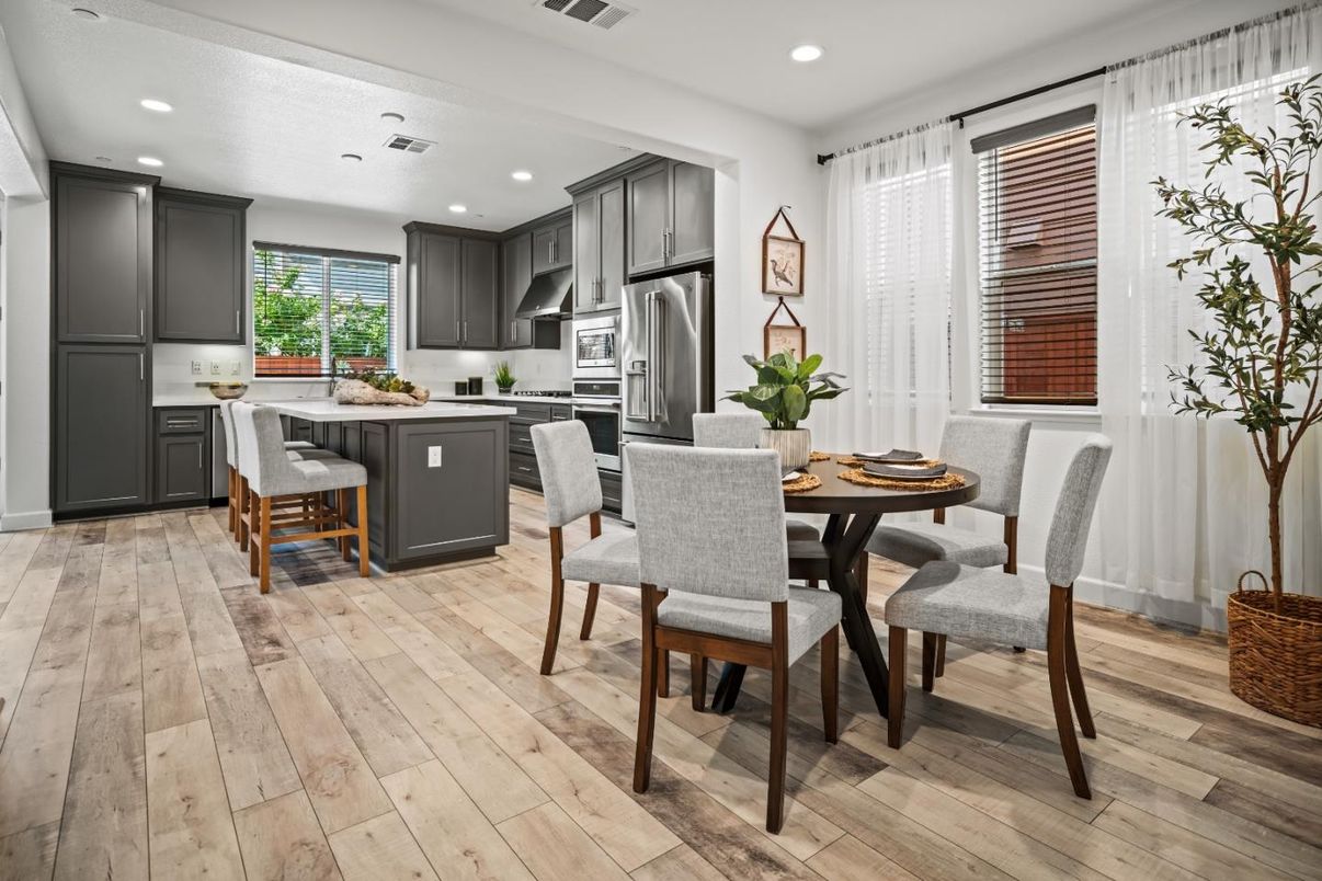 Dining room, Interior, Kitchen, Recessed Lighting, Stainless Steel Appliances, Wood Texture Flooring