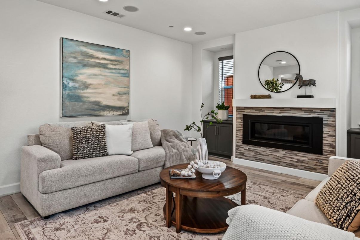 Fireplace, Interior, Living room, Recessed Lighting, Wood Texture Flooring