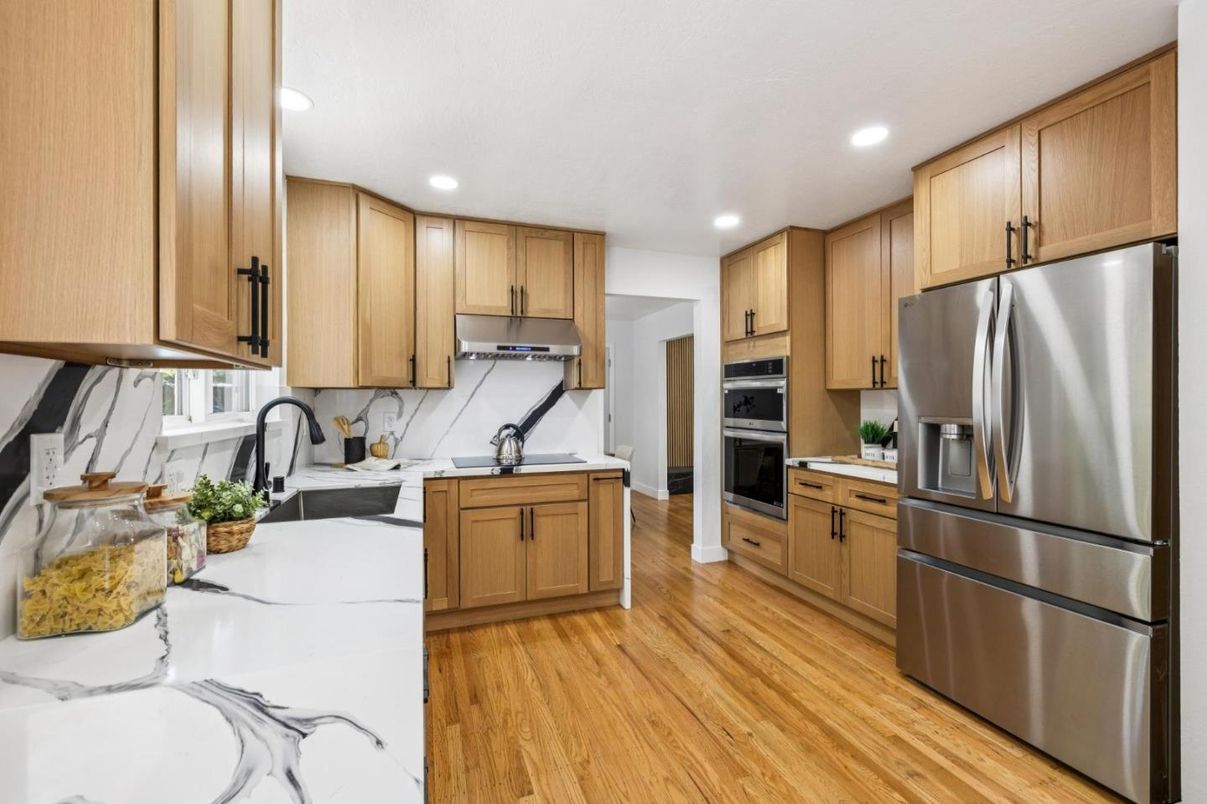Interior, Kitchen, Recessed Lighting, Stainless Steel Appliances, Wood Texture Flooring