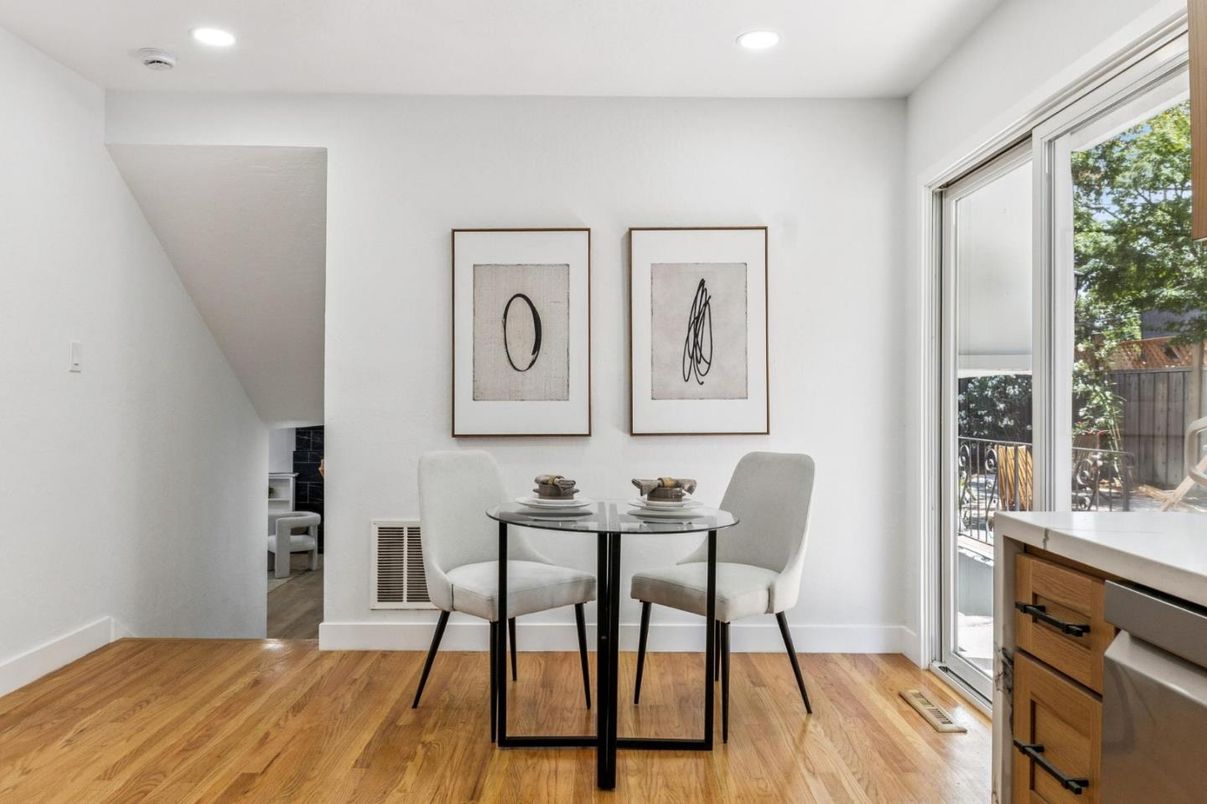 Dining room, Interior, Recessed Lighting, Wood Texture Flooring