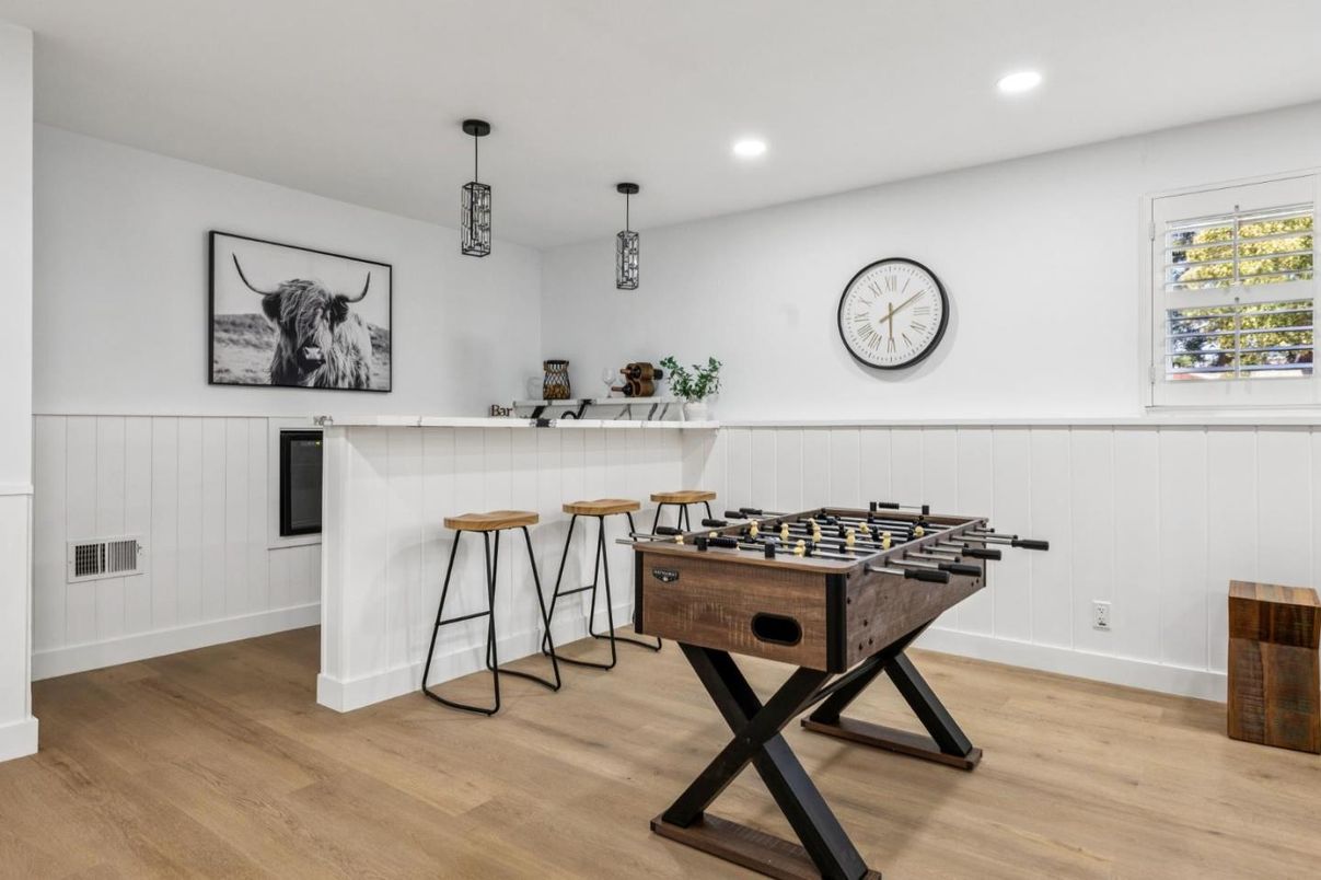 Game Room, Interior, Pendant Lights, Recessed Lighting, Wood Texture Flooring