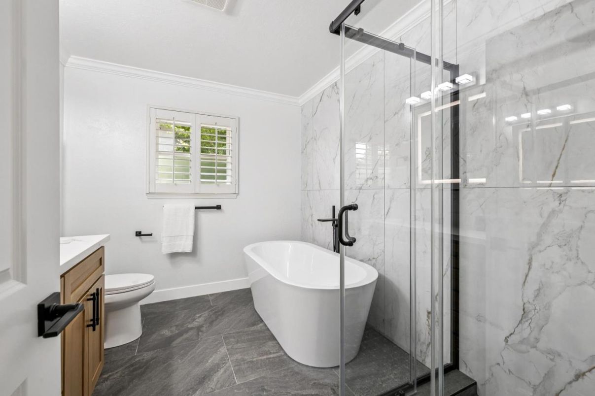 Bathroom, Free Standing Baths, Glass Shower, Interior, Marble, Marble Walls