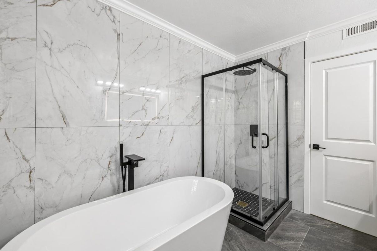 Bathroom, Free Standing Baths, Glass Shower, Interior, Marble Walls