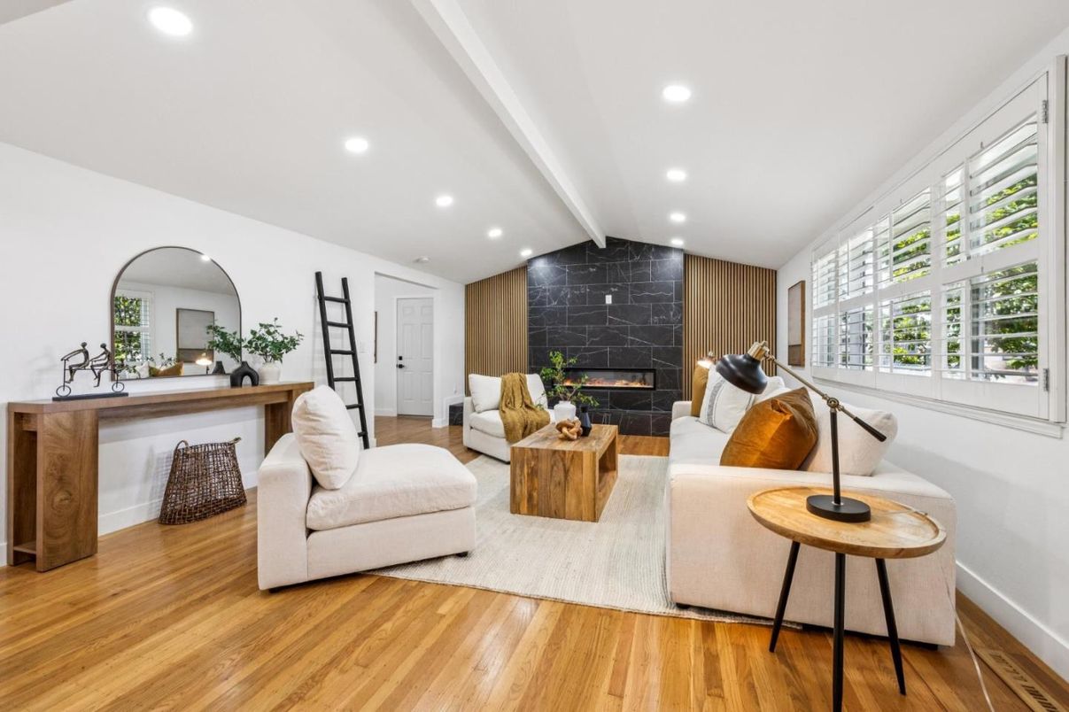 Fireplace, Interior, Living room, Recessed Lighting, Wood Texture Flooring