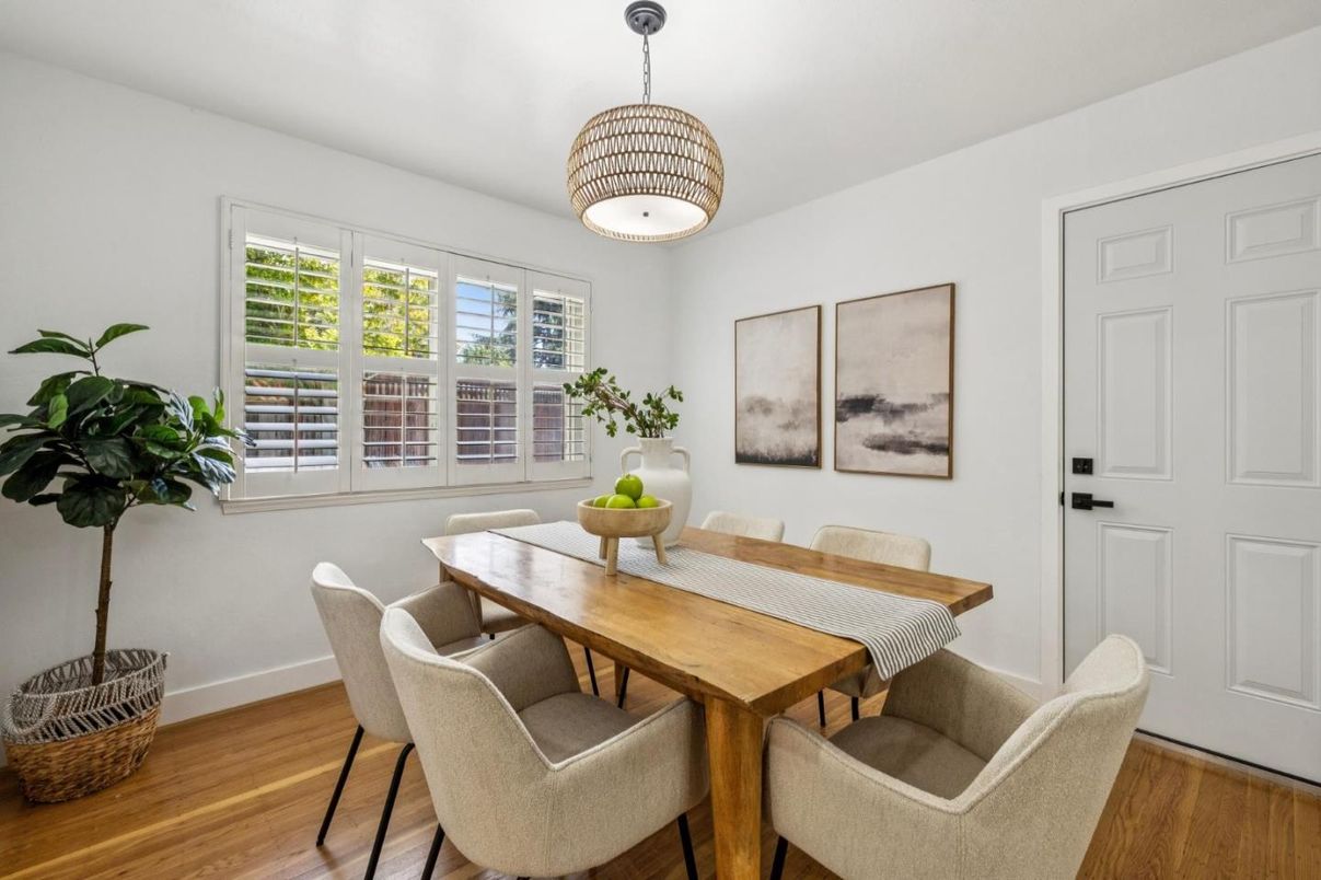 Dining room, Interior, Pendant Lights, Wood Texture Flooring