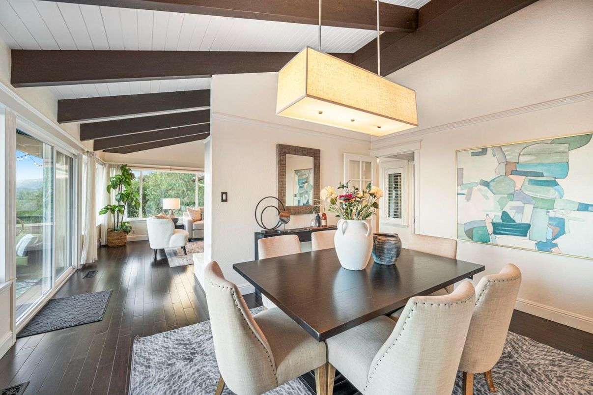 Dining room, Interior, Pendant Lights, Recessed Lighting, Wooden Beams, Wood Texture Flooring