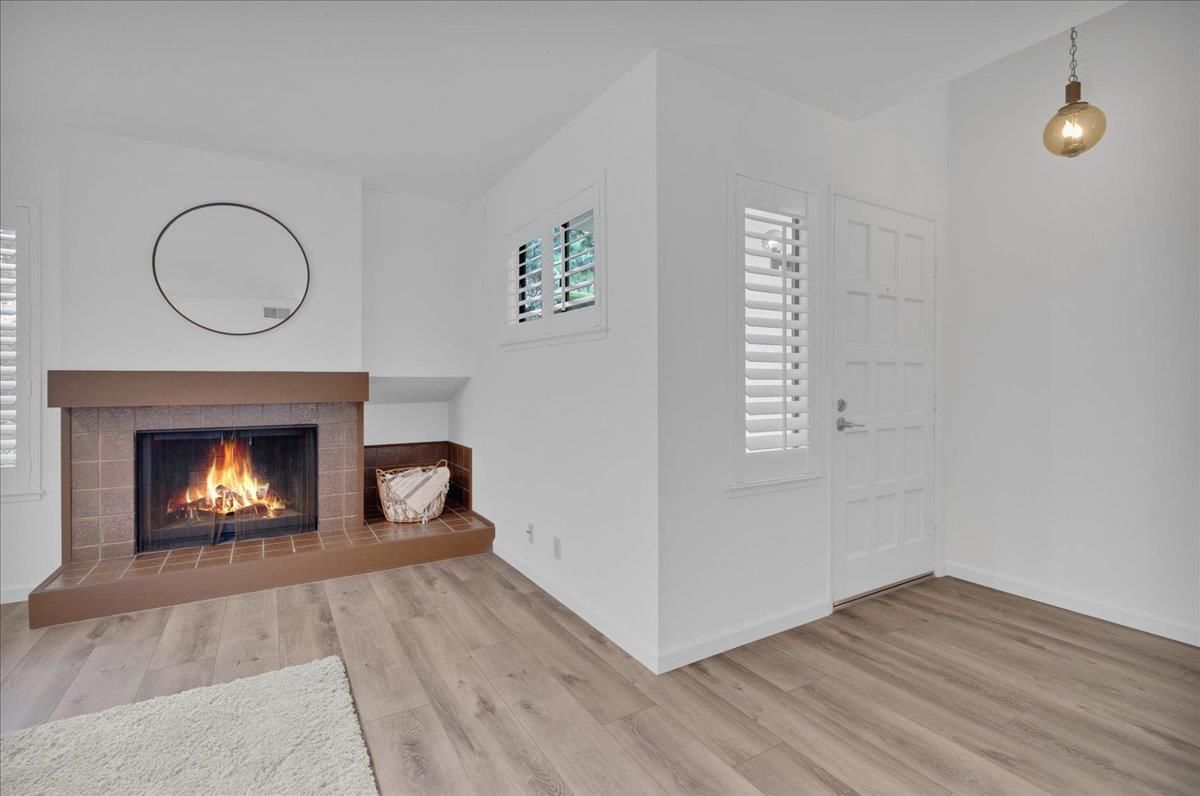 Fireplace, Interior, Pendant Lights, Wood Texture Flooring