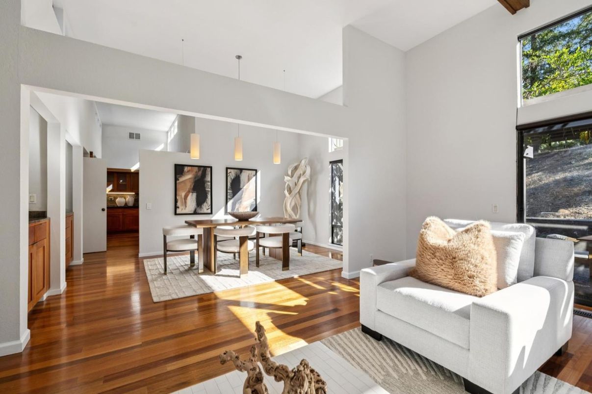 Dining room, Interior, Living room, Pendant Lights, Wood Texture Flooring