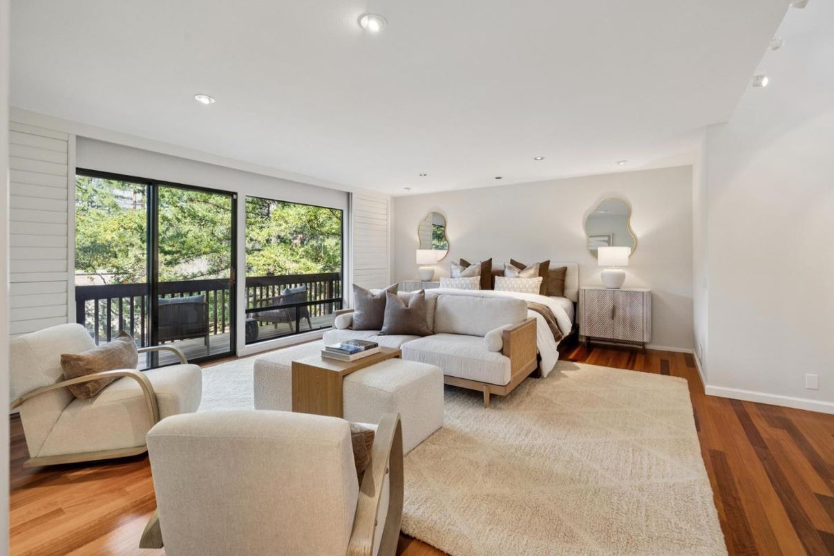 Bedroom, Fireplace, Interior, Living room, Recessed Lighting, Wood Texture Flooring