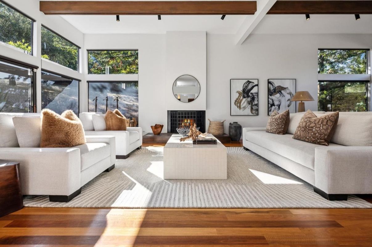 Fireplace, Interior, Living room, Water, Wooden Beams, Wood Texture Flooring