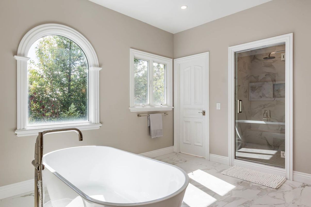 Bathroom, Free Standing Baths, Glass Shower, Interior, Marble, Marble Walls, Recessed Lighting