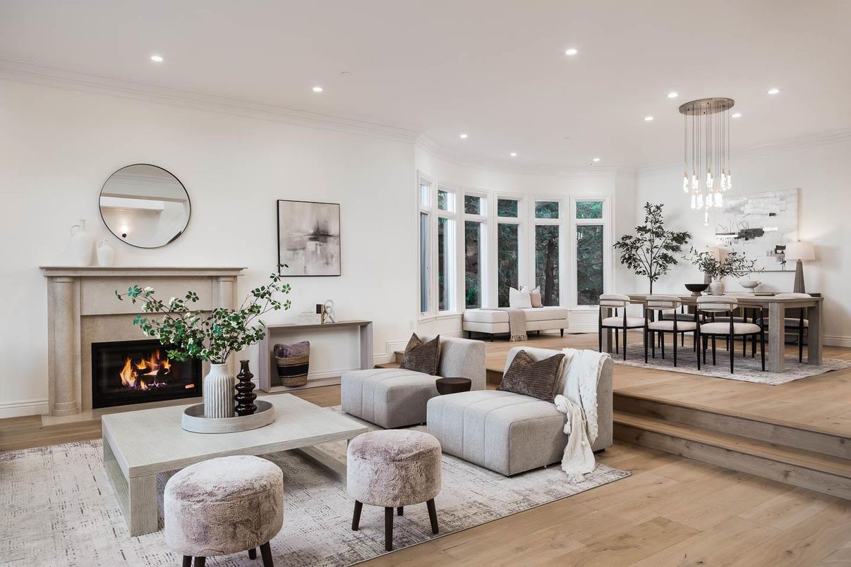 Dining room, Fireplace, Interior, Living room, Pendant Lights, Recessed Lighting, Wood Texture Flooring