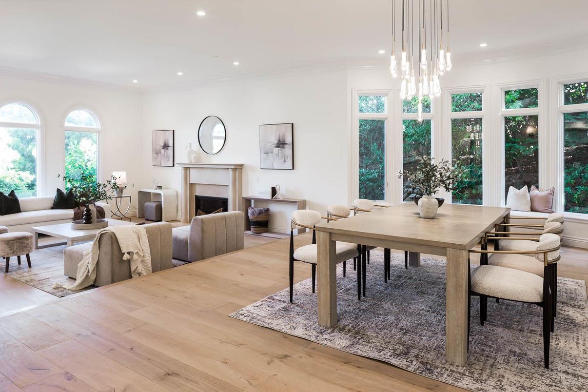 Dining room, Fireplace, Interior, Living room, Pendant Lights, Recessed Lighting, Wood Texture Flooring