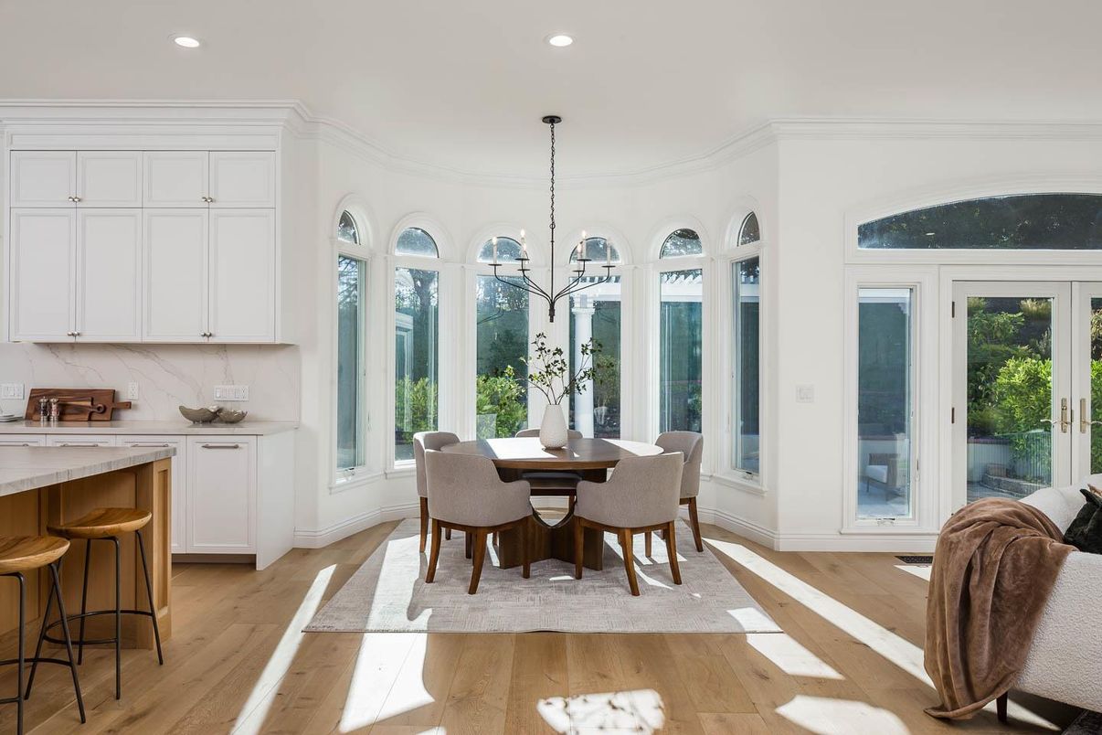 Dining room, Interior, Pendant Lights, Recessed Lighting, Wood Texture Flooring