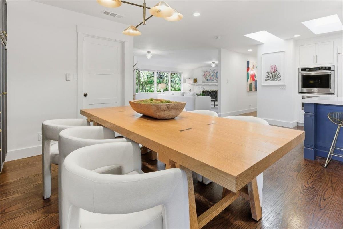 Dining room, Interior, Kitchen, Pendant Lights, Recessed Lighting, Stainless Steel Appliances, Wood Texture Flooring