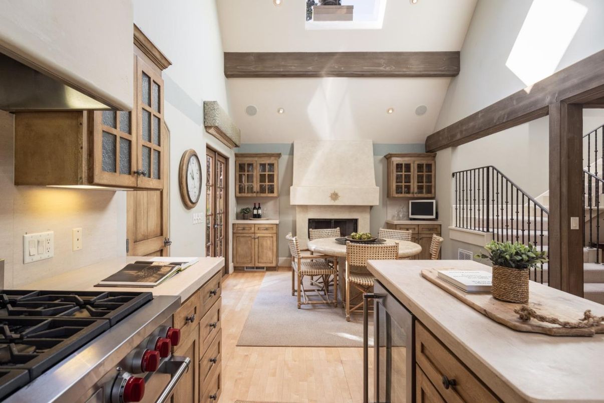 Dining room, Fireplace, Interior, Kitchen, Recessed Lighting, Wooden Beams, Wood Texture Flooring