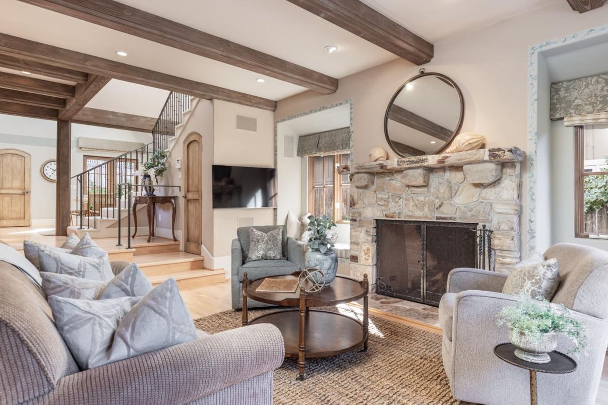 Fireplace, Interior, Living room, Recessed Lighting, Stone Walls, Wooden Beams, Wood Texture Flooring