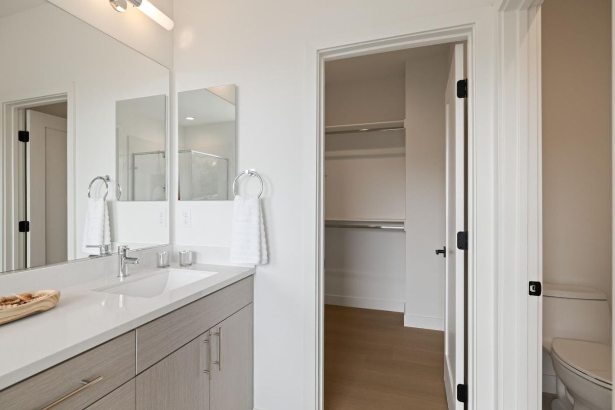Bathroom, Dual Sink Vanities, Interior, Walk-in Closets, Wood Texture Flooring