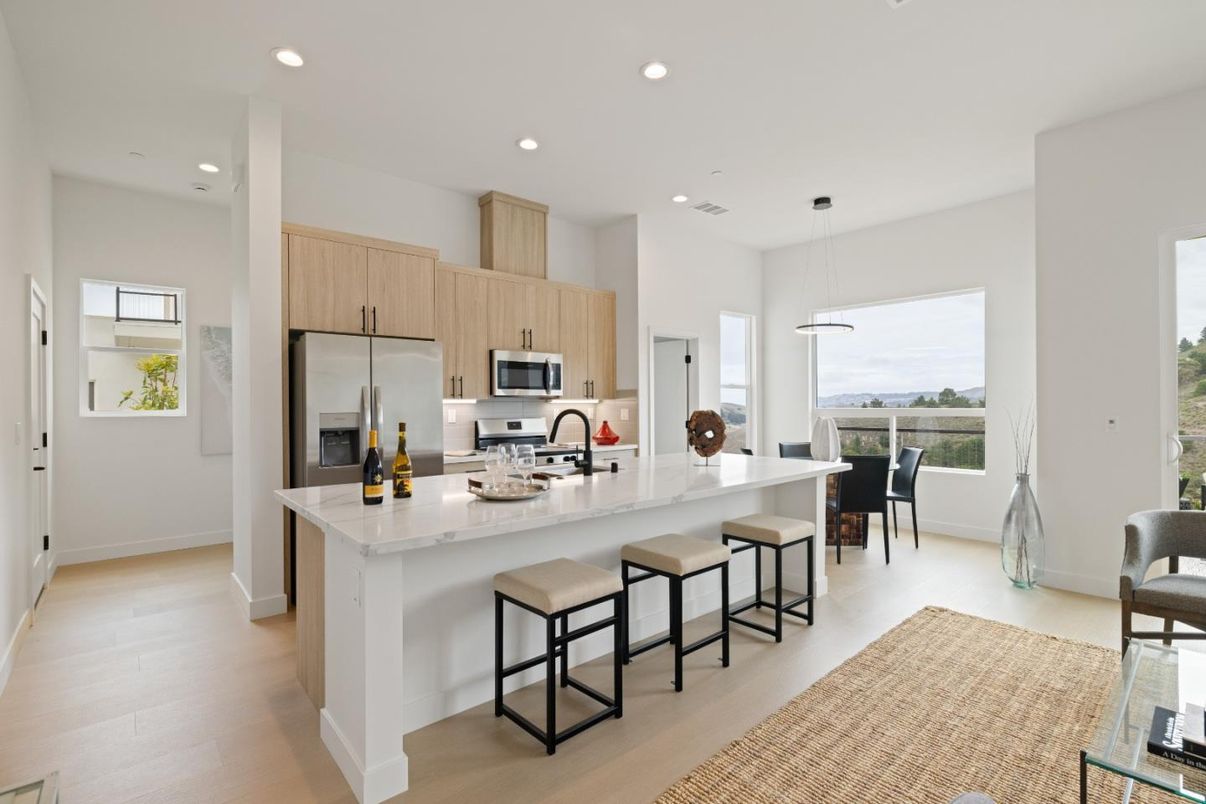 Dining room, Interior, Kitchen, Pendant Lights, Recessed Lighting, Stainless Steel Appliances, Wood Texture Flooring
