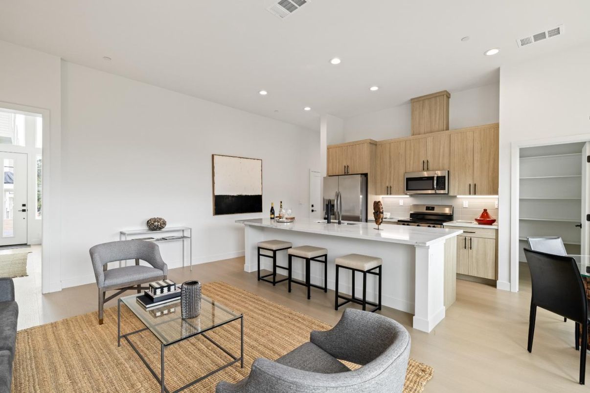 Interior, Kitchen, Living room, Recessed Lighting, Stainless Steel Appliances, Wood Texture Flooring