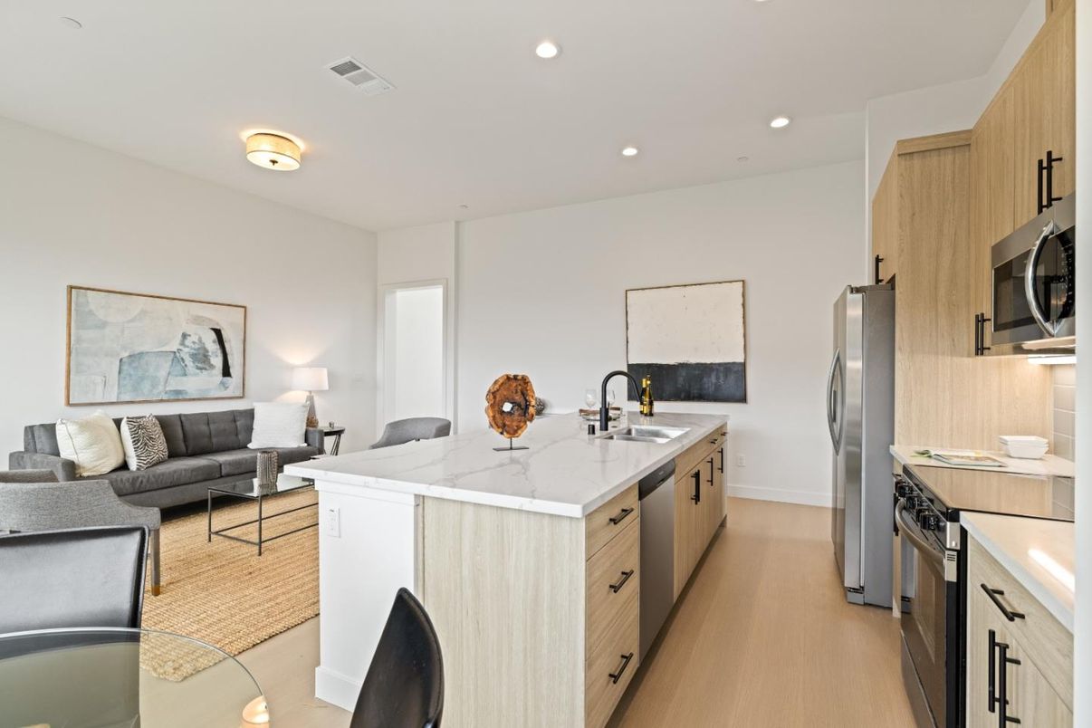 Interior, Kitchen, Living room, Recessed Lighting, Stainless Steel Appliances, Wood Texture Flooring