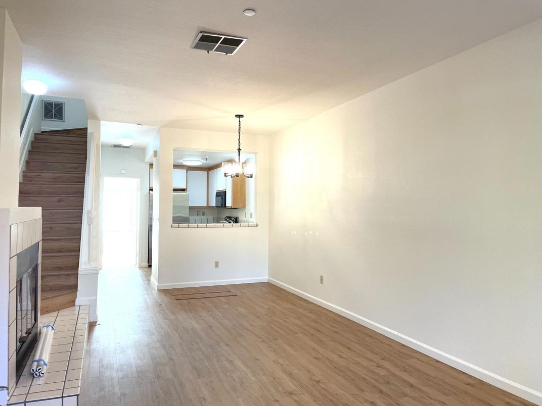 Empty room, Interior, Kitchen, Pendant Lights, Wood Texture Flooring
