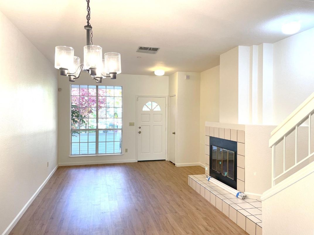 Chandelier, Empty room, Fireplace, Interior, Wood Texture Flooring