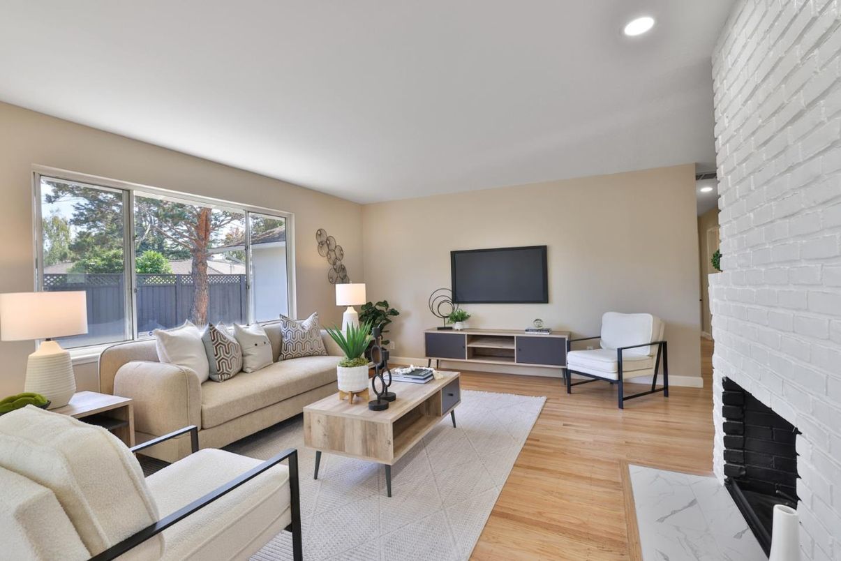 Fireplace, Interior, Living room, Recessed Lighting, Stone Walls, Wood Texture Flooring