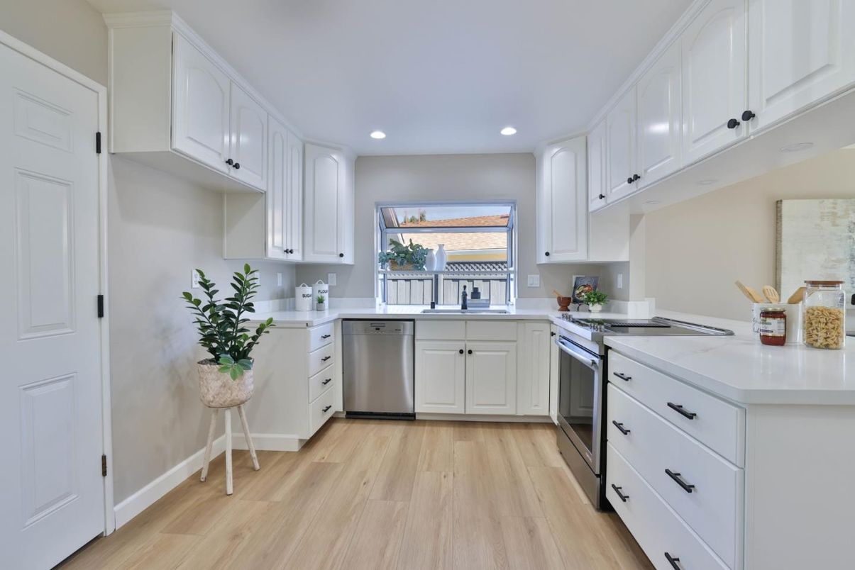 Interior, Kitchen, Recessed Lighting, Stainless Steel Appliances, Wood Texture Flooring