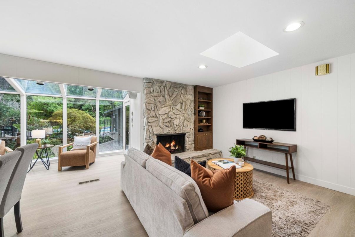 Fireplace, Interior, Living room, Recessed Lighting, Wood Texture Flooring