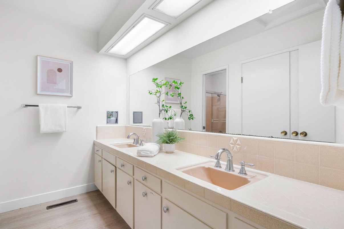 Bathroom, Dual Sink Vanities, Interior, Tile Countertops, Wood Texture Flooring