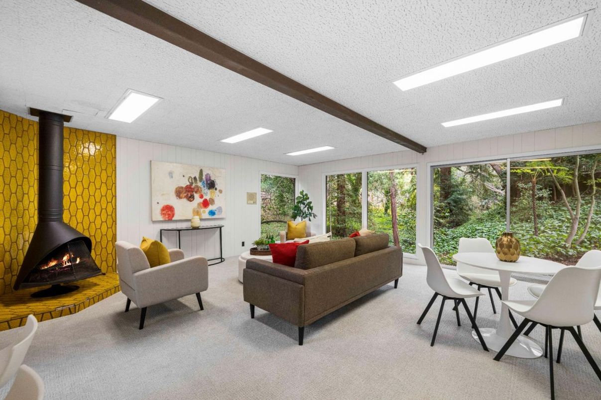 Dining room, Fireplace, Interior, Living room, Recessed Lighting